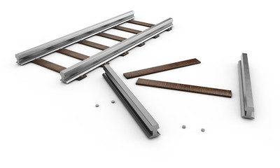 A 3D rendering of a train track disappearing into the distance on an isolated white