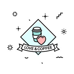 Coffee shop post for Valentine's day. Modern memphis line art style illustration. Square for social media.