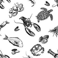 Seamless pattern of hand drawn sketch style seafood. Vector illustration isolated on white background.