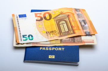 Biometric passport for travel and money notes Euro