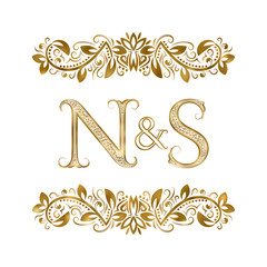 N and S vintage initials logo symbol. The letters are surrounded by ornamental elements. Wedding or business partners monogram in royal style.