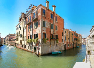 Venice, Italy - August 14, 2017: the classical structure of an apartment house in Venice.