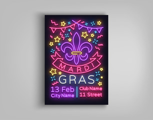 Mardi Gras poster design template in neon style. Neon sign, bright luminous sign, brochure, invitation, postcard, vivid advertising of a fat Tuesday. Flyer, banner. Vector illustration