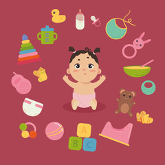 Set with cute little baby in diaper with newborn essentials in circle around. Babygirl and many elements and toys. Comforter, monitor, teddy bear, toilet, etc. Girl infant. Colorful vector.