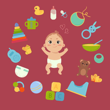 Set with cute little baby in diaper with newborn essentials in circle around. Babyboy and many elements and toys. Comforter, monitor, teddy bear, toilet, etc. Boy infant. Colorful vector.