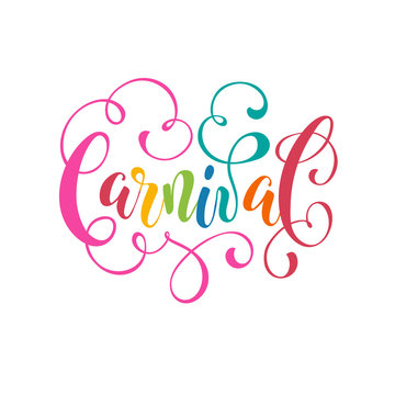 Happy Carnival lettering isolated on white background. Ornamental wording for carnival greeting cards, invitations etc.