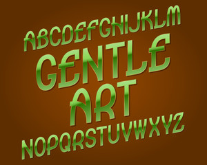 Gentle Art typeface. Green golden font. Isolated english alphabet.