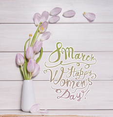 8 March. Happy women’s day! Card with pink tulips on vase