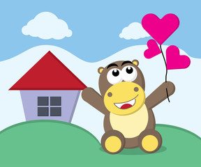 hippo is playing with love balloons