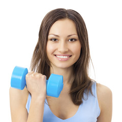 Young woman exercising with dumbbell, isolated