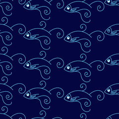 blue fish seamless pattern on blue background