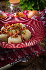 Potato dumplings with bacon.