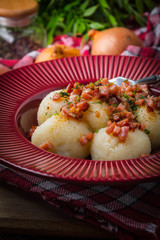 Potato dumplings with bacon.