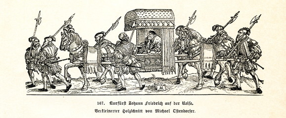 John Frederick I, Elector of Saxony, traveling on a horse drawn stretcher (from Spamers Illustrierte  Weltgeschichte, 1894, 5[1], 395)