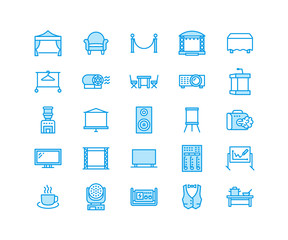 Event supplies flat line icons. Party equipment - stage constructions, visual projector, stanchion, flipchart, marquee. Thin linear signs for catering, commercial rental service. Pixel perfect 64x64.