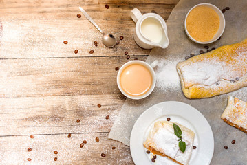 Traditional home made fresh apple strudel sprinkled with fine sugar