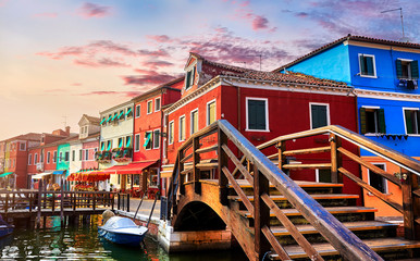 Fototapeta na wymiar Burano island in Venice Italy picturesque sunset over canal