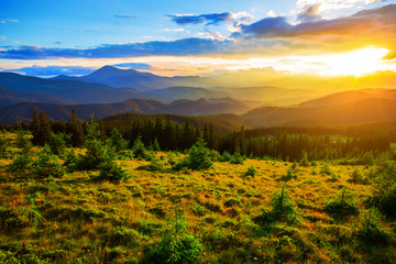 beautiful mountain valley at the sunset, carpathians, Ukraine