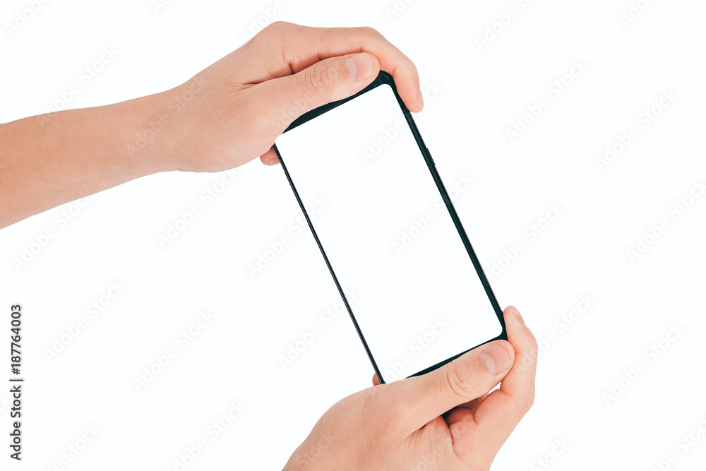 Poster Smartphone Mock up,Two Hand holding mobile phone with black screen isolated on white background with clipping path for design