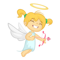 Funny cupid girl aiming at someone. Illustration of a Valentine's Day. Vector. Isolated on rose background