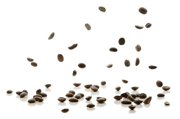 Coffee I love it! Isolated on White Background  Beans falling with reflection