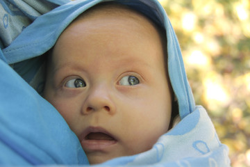 the baby is in a sling and looking to the side. close up