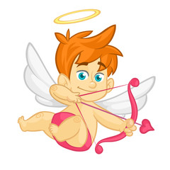 Funny cartoon cupid with bow and arrow. Illustration of a Valentine's Day. Vector. Isolated white