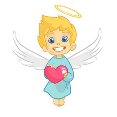 Cute  Baby Cupid amur Hugging a Heart. Cartoon illustration of Cupid character for St Valentine's Day isolated on white