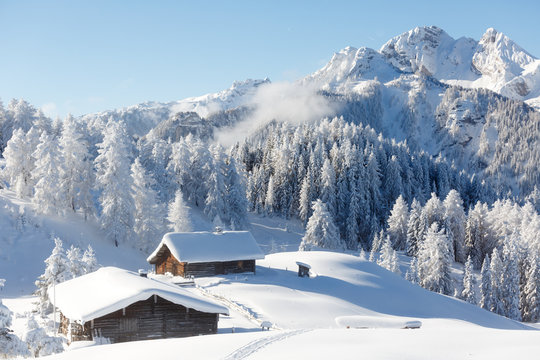Fototapeta Zimowa kraina czarów w austriackich Alpach. Piękna zimowa sceneria z zamarzniętymi drzewami i tradycyjną alpejską chatą