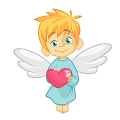 Cute  Baby Cupid Angel Hugging a Heart. Cartoon illustration of Cupid character for St Valentine's Day isolated on white