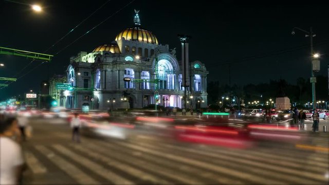 Mexico city night time lapse near Bellas Artes church