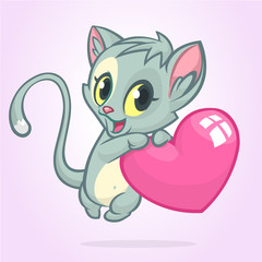 Cartoon funny kitty holding a love heart. Vector illustration for St Valentines Day. Isolated