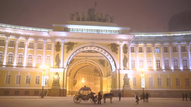 Snowfall Arch of General Staff Building, Palace square, Saint-Petersburg, Russia