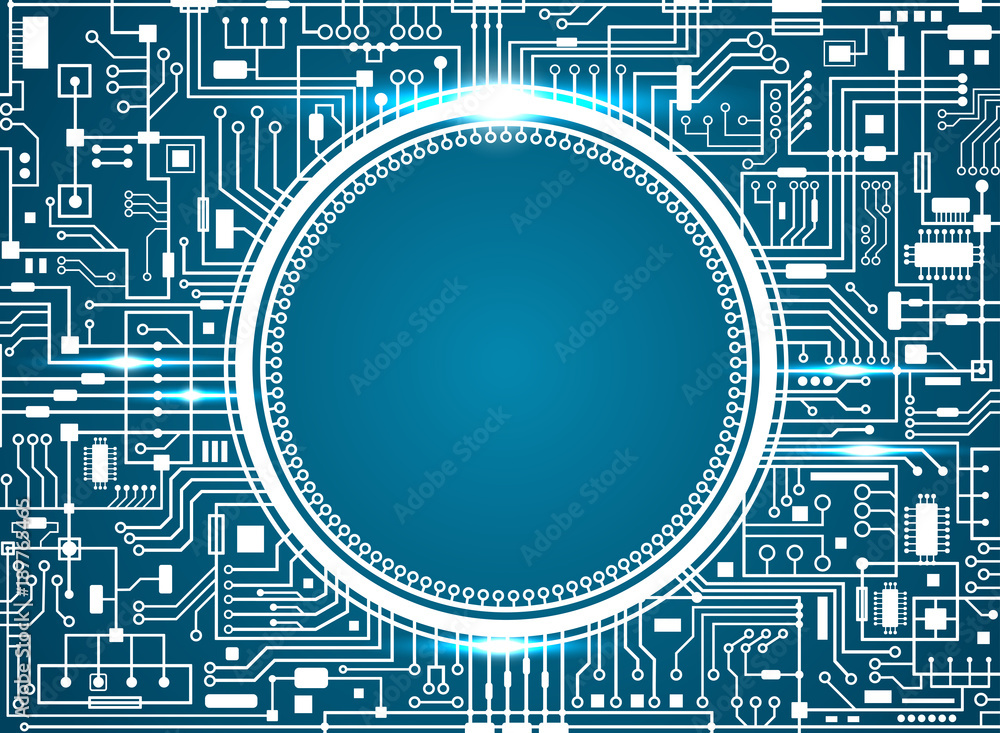 Poster computer circuit board with copy-space. vector black illustration isolated on white.