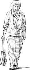 sketch of a strolling elderly woman