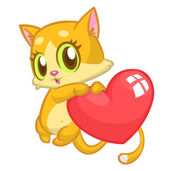Cartoon cute kitty in love and holding a heart love. Vector illustration for St Valentines Day. Isolated