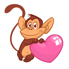 Cartoon cute chimpanzee monkey in love and holding a love heart. Vector illustration for St Valentines Day. Isolated