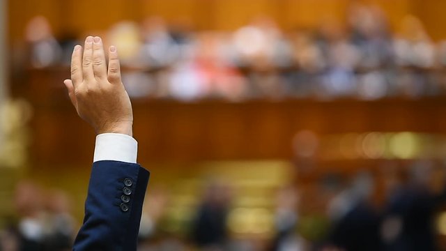 Hand of a man raised in the air during a voting procedure