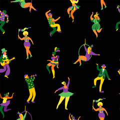 Mardi gras. Seamless pattern with funny dancing men and women in bright costumes