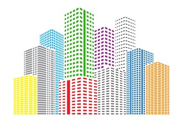 City Skyscrapers illustration. Bright Buildings. Urban scene. Abstract vector design element isolated on white background.