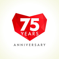 Anniversary 75 years old celebrating logotype with hearts. Luxurious celebrating congratulating greetings, stained glass numbers template. Valentine's Day abstract emotional lovely isolated shape.