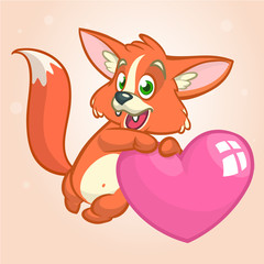 Cartoon cute orange fox in love holding a heart.Vector illustration for St Valentines Day. Isolated