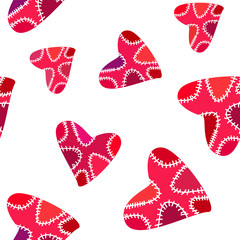 Valentines Day. Red heart sewn. Stitches. Seamless background. Festive illustration.