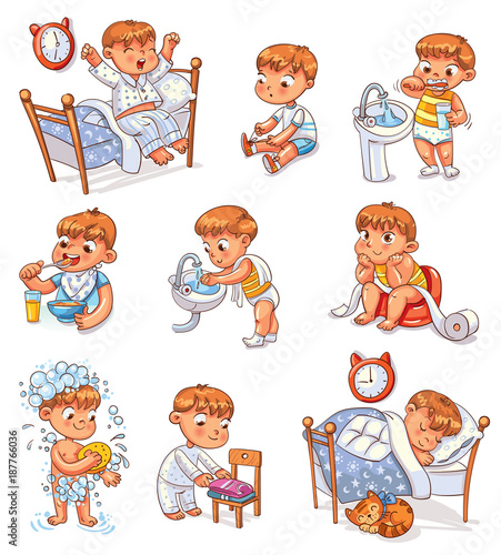 Cartoon Kid Daily Routine Activities Set Stock Image And