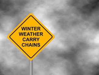 Winter weather carry chains warning road sign. Yellow hazard warning sign, isolated on a grey sky bad weather warning. Vector illustration.