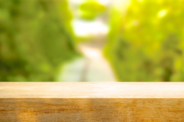 Empty wooden table on blurred garden background, front view.