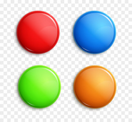 Blank colorful glossy badges isolated. Web buttons. Vector shape design blue, red, green and orange