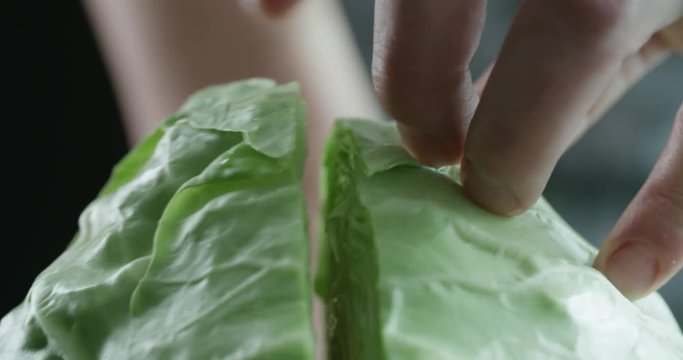 cabbage slicing in slow motion, the chef works in the kitchen