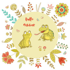 Vintage frame for your design with cute frogs and flowers