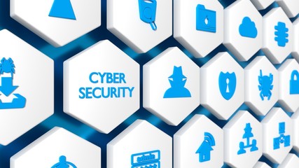 The word cybersecurity in blue and various security icons